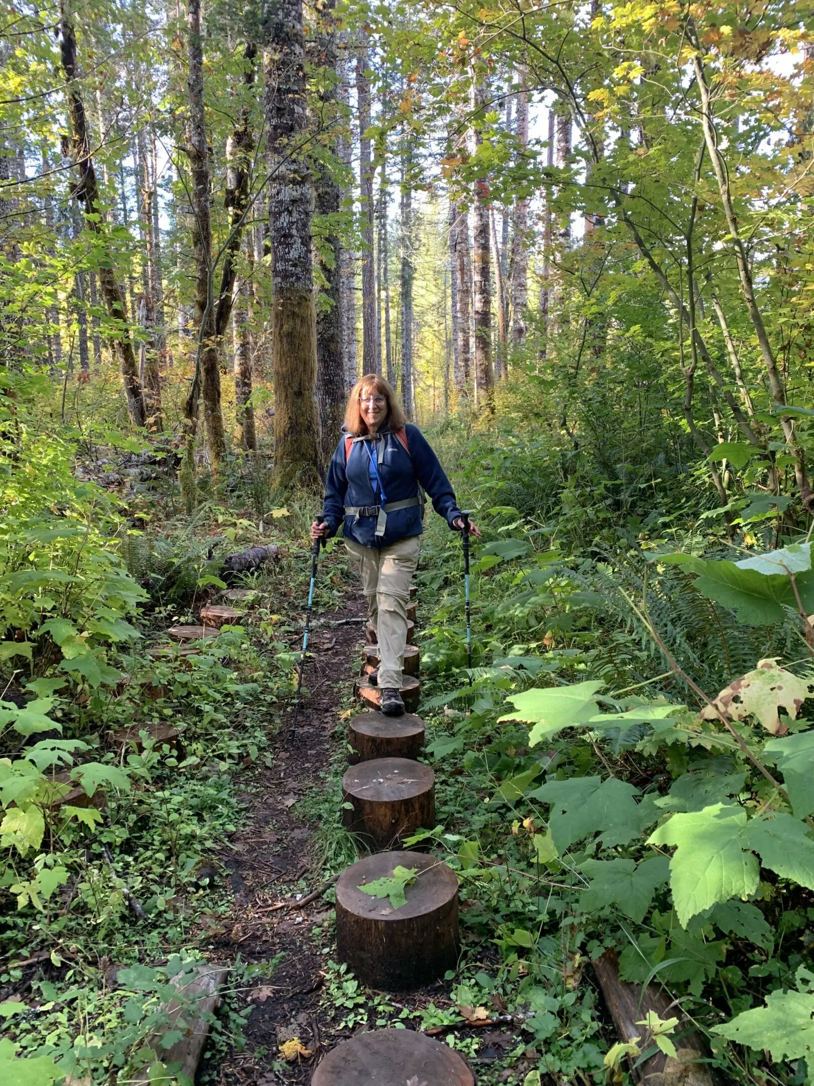 Person walking on wooden stepping stones in a lush forest.
