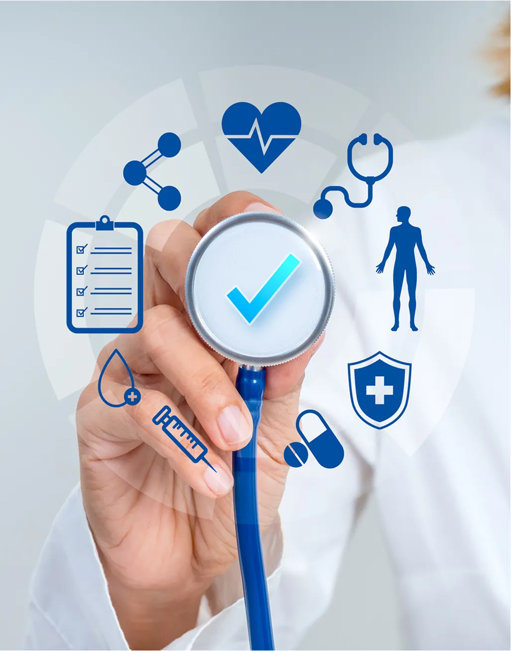 Hand holding stethoscope with health icons around it.